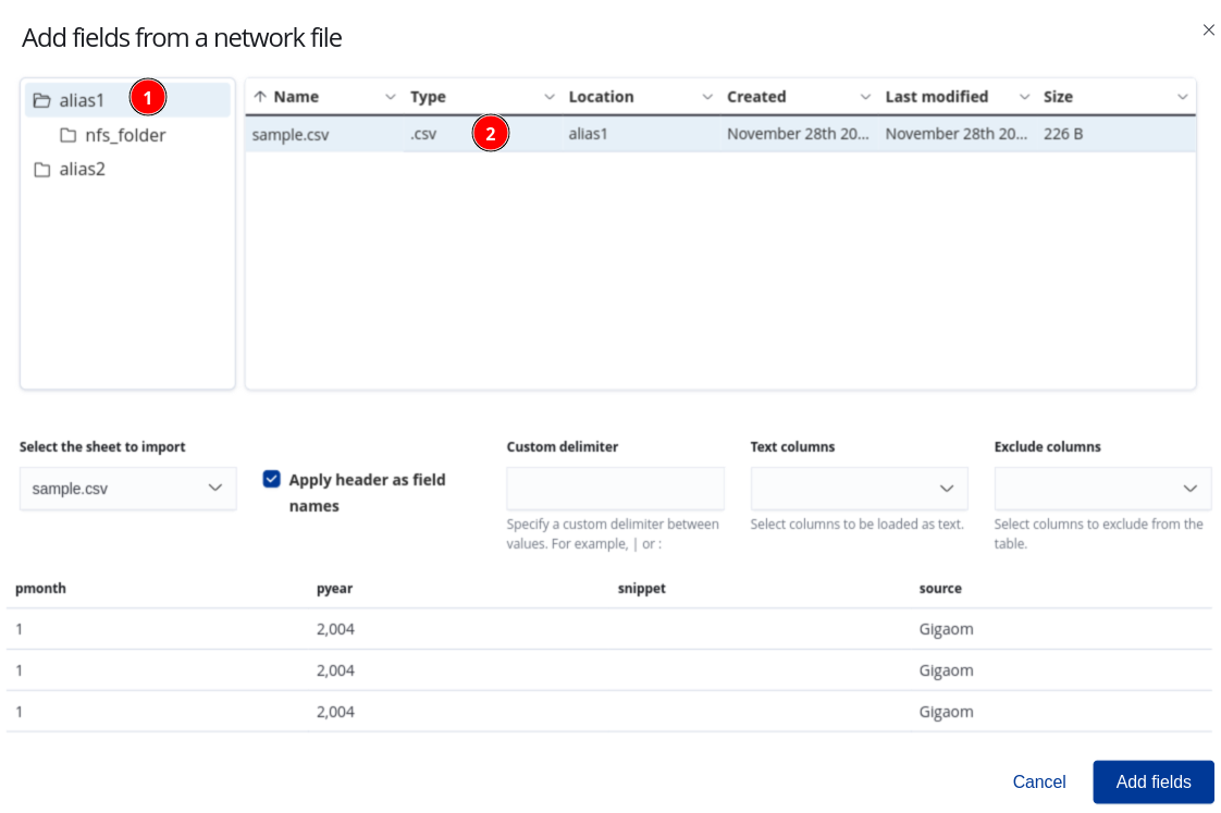 Adding fields from a network file