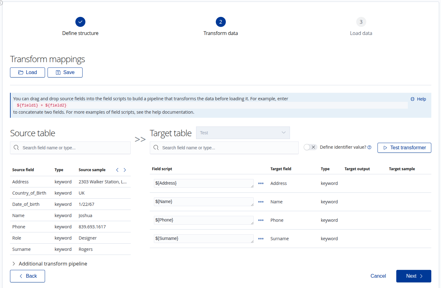 The Transform data screen