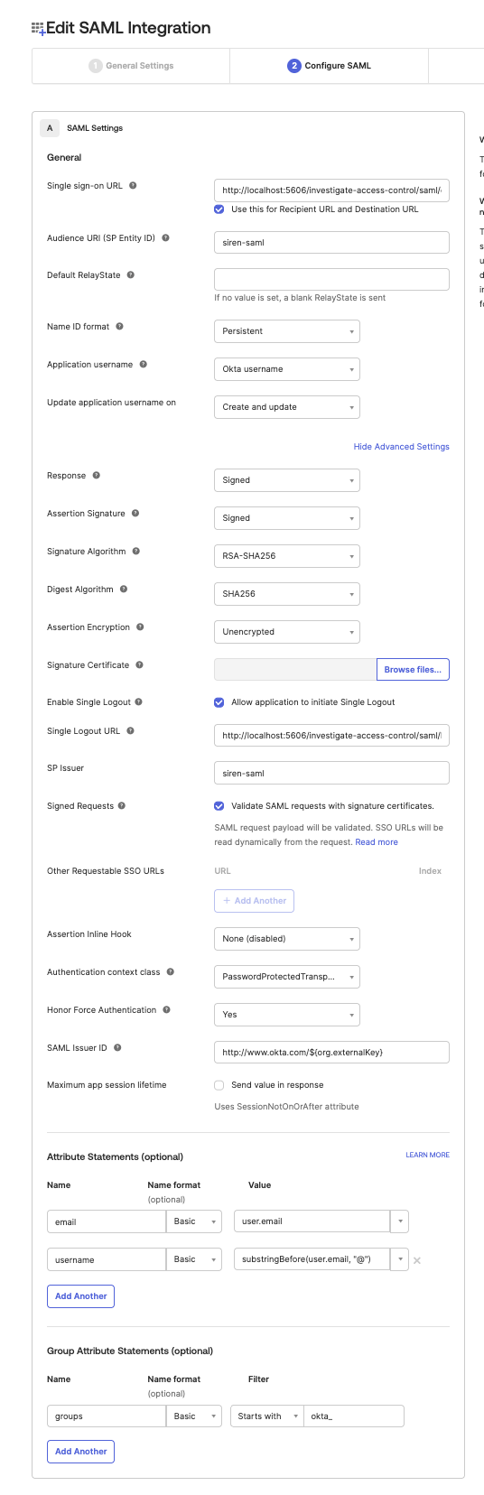Create Investigate application in OKTA